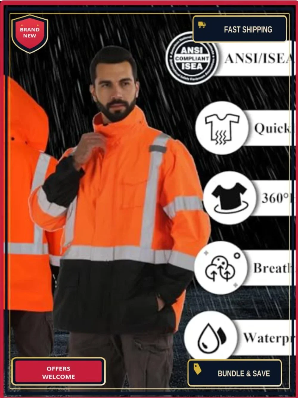 Waterproof Class 3 Hi Vis Rain Jacket Reflective Safety Coat Men's Work Gear